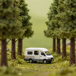 camper in between trees, miniature art