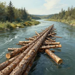 dam made of logs diverting the course of a river, long shot, fantasy, art by greg rutkowski