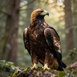 [--height 512] [--width 1024] a golden eagle in a forest with sunlight shining through the branches of trees, a river flows through with a deer drinking the water 4k