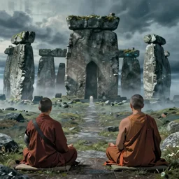 movie still from princess mononoke ( 1 9 9 7 ) showing a highly detailed landscape with two monks in lotus position with stonehenge in the background 1 9 8 0 s science fiction, 1 9 7 0 s science fiction, cyberpunk, moody, misty, depth perception, 4 k, artstation
