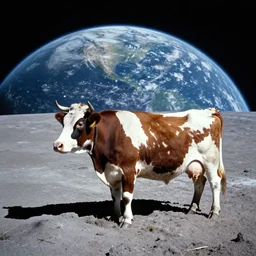 a vintage photo of a cow on the moon, earth in distance