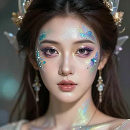 very very beautiful woman fairy fantasy art face makeup with a lot of paint. professional detailed photo 1 7 mm focus and bokeh
