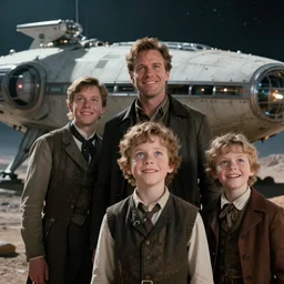 extremely sharply detailed, from blockbuster sci fi 6 4 k color movie freeze frame, set in 1 8 6 0, family standing in front of a crashed spaceship, on alien planet, looking happy, wearing 1 8 5 0 s era clothes, atmospheric lighting, in focus, reflective eyes, 2 mm macro lens, live action, nice composition, good photography, clear facial details