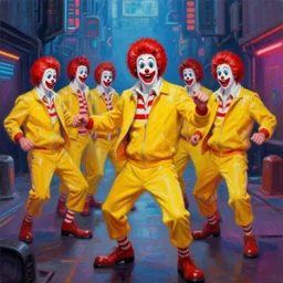 highly detailed painting of a group of ronald mcdonalds with red afros, white facepaint, red noses and yellow tracksuits dancing in a cyberpunk alleyway by william turner, by greg rutkowski, by william constable, thick brush strokes and visible paint layers, 4 k resolution, retrowave colour scheme