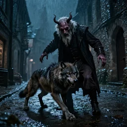 creepy demonic old man turns into a werewolf in the middle of a medieval street, night, rain, in the style of francisco goya, 4 k, 8 k