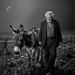 a movie still by tarkovsky of a big!!! old man!!! walking with his donkey in a swamp mossy, by night, cinestill 8 0 0 t 3 5 mm b & w, heavy grain, high quality, noir, natural textures, photorealistic, ambient occlusion, hd, mud, fog, criterion collection