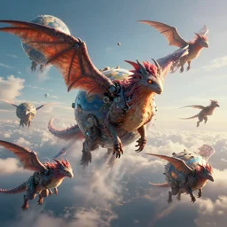 spawning of autonomous worlds with chimeras flying in the sky, highly detailed, excellent composition, cinematic concept art, dramatic lighting, trending on artstation, 4 k, aya takano color style, digital art, vivid colours, studio quality, smooth render, hightly detailed, unreal engine 5 rendered, raytracing, octane rendered,