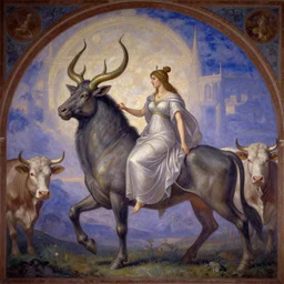 fantastic scene irrealism fresco : : twilight tones : : fantasy art scene : : timeless masterpiece : : learned philosophess she - minotaur : : cows : : background greek spire