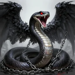 hybrid snake, dark angel, demon, satan, red eyes, chain, handcuffs, large chain, wide open mouth, scream, cruelty, light effect, hyper detailed, intricate, elegant, highly detailed, digital painting, artstation, concept art, matte, sharp focus, illustration, by dan mumford, yusuke murata, makoto shinkai, ross tran