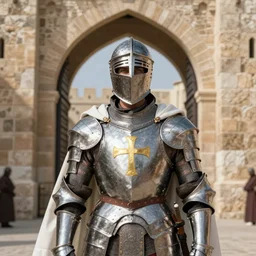 white man looking forward in iron decorated plate armor with golden cross decorated on chest, cylindrical crusader great helm covering all his head and white silk cape covering his back and elbows standing at the gates of jerusalem drawn by greg rutkowski realistic high detail