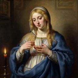 a renaissance oil painting portrait by alma tadema of a holy divine prophet beautiful saint blonde woman, dark lit candles, colourful pastel, detailed academic bouguereau, sharp focus, high contrast studio lighting