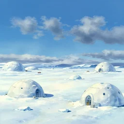 gouache matte painting!!!! a wholesome animation key shot of a cute empty sunny icy antarctic landscape with big igloos built from snow and small boats in far distance, studio ghibli, pixar shinkai and disney animation, sharp, rendered in gouache painting, anime key art by makoto shinkai, greg rutkowski, dramatic, dynamic lighting