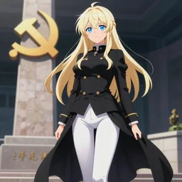 aristocratic platinum - blonde - haired hime - cut blue - eyed princess wearing white leggings and black jacket, standing next to communist monument, anime, hd anime wallpaper, hyperrealistic lighting, drawn by artgerm