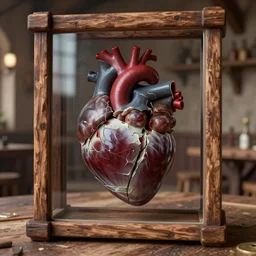 cracked human heart inside glass and wooden framework, inside a medieval tavern, 8 k, realistic render, octane render, unreal engine