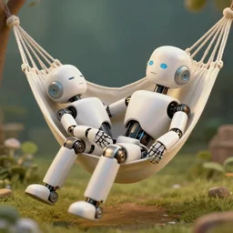 humanoid robot asleep in a hammock, whimsical, nostalgic