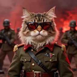 a masterpiece portrait of a fantasy british longhair cat wear soldier clothes in war scene, wear ray - ban glass, red vibe, hyper realistic, concept art, intricate, hyper detailed, smooth, vibrant, by greg rutkowski