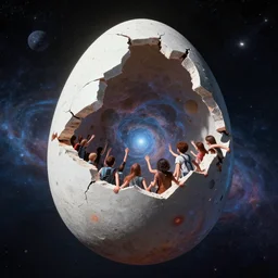 Surreal cracked cosmic egg in outer space full of people trying to get out of the cracks