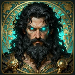 furious god zeus, wavy black hair, bushy beard, glowing eyes, volumetric lights, cyan and gold scheme, art nouveau botanicals, gothic, intricate, highly detailed, digital painting, artstation, concept art, smooth, sharp focus, symmetric face, illustration, steampunk, art by artgerm and greg rutkowski and alphonse mucha