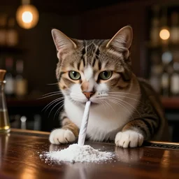 an adorable cat snorting cocaine off of a dimly lit bar, professional photography, 8k
