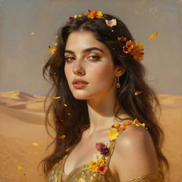 beautiful oil matte portrait painting, women caught in a flower petal rain at the sahara desert, wonderful masterpiece highly detailed, beautiful cinematic light deep focus, elegant, digital painting, smooth, sharp focus, golden ratio, dramatic illumination, ultra realistic, 8 k, art by artemisia lomi gentileschi and caravaggio