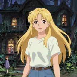 portrait of a woman exploring a haunted house, long blonde hair, t - shirt and jeans, kyoto animation still, finely illustrated face, intricately detailed features, digital painting, makoto shinkai, 1 9 8 0's disney character, painted by ilya kuvshinov and katsura masakazu and alphonse mucha and satoshi kon