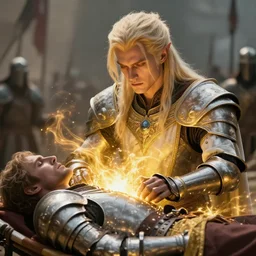 extreme closeup portrait of an aasimar man with platinum blonde hair wearing white and gold and black vestments under armor healing a wounded soldier in armor on a stretcher with golden holy magic in war camp, detailed, realistic, Greg Rutkowski, 4k, pensive, dungeons and dragons, golden golden golden magic