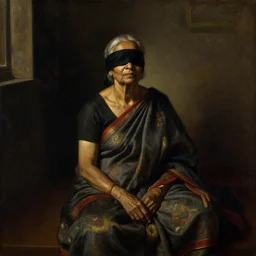 detailed potrait of blindfolded old srilankan woman sitting in giant dark room with low lighting, girl graceful,, painting by james jean, craig mullins, j. c. leyendecker, lights, art by ernst haeckel, john william godward, hammershøi,,