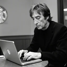john lennon sitting inside a starbucks typing on a macbook computer, black and white photo, real, photorealistic