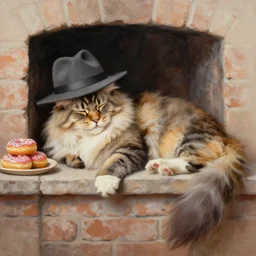 realistic painting of arthas the maine coon cat wearing fedora sleeping hearth in bakery donuts cakes