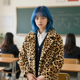 girl with blue hair wearing a jaguar coat, school class