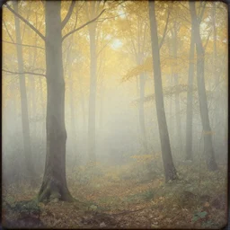 a foggy golden forest, daguerreotype by pontormo, by gustave moreau, by Mackintosh, by schiele, art noveau, highly detailed, strong lights, liminal, eerie, Bright pastel colors