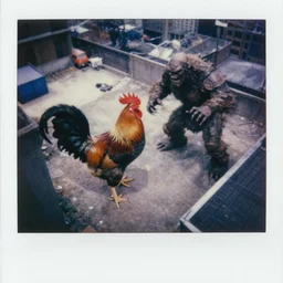 still image taken from sci fi horror movie of a giant rooster fights an monster in the city. aerial shot, 1 9 8 0 s polaroid photo - journalism flash photograph.