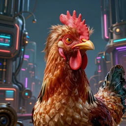 a creature with head of donald trump very clear and body of a chicken, hypertechnological world in the background, steampunk, cyber city, neon light, matte paiting, hyper detailed, artstation