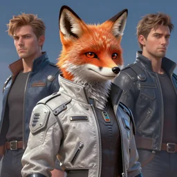 hyperdetailed anthropomorphic fox wearing a pale gray sci fi flight jacket, unreal engine, digital painting, vivid colors, vibrant colors, sharp focus illustration, artstation hq. intricate, elegant, low angle medium shot, art by artgerm and justin gerard and magali villeneuve