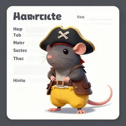 a character reference sheet of a rat with a pirate hat and yellow pants, artstation