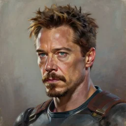 concept art of tony stark, head and shoulders shot, cinematic shot, oil painting by jama jurabaev, extremely detailed, brush hard, artstation, high quality, brush stroke