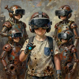6 hand junky kid, cybertronic gadgets and vr helmet, durty colours, rotten textures, rusty shapes, biotechnology, bao pnan, tim hildebrandt, wayne barlow, bruce pennington, donato giancola, larry elmore, oil on canvas, masterpiece, featured on pixiv, cinematic composition, hyper - detailed, hd, hdr, 4 k, 8 k