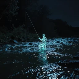 dark eerie movie frame, panorama, a shining achilles fishing in the magic shining river styx, at night, magic, stanley kubrick, 1 7 mm, wide shot, surreal, deep