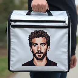a mail carrier's bag with post malone's face embroidered on it