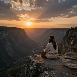 an shaman sitting at the top of a cliff, looking down at the valley, doing a vision quest, beautiful sunset, art by vladimir kush