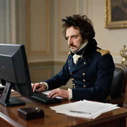 photograph taken in 2 0 2 2 of napoleon bonaparte sitting at computer in office, taken on iphone