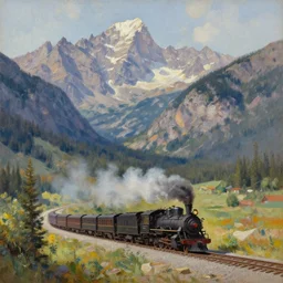 a steam train in the distance, rocky mountains!, smoke in the distance!, beautiful, by norman wilson, oil painting, valley!