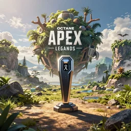 Octane from apex Legends in the Center in the foreground with a Dschungel Island Landscape, hyperrealistic, high Detail, best Shadow quality