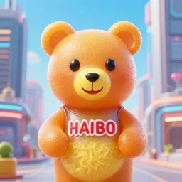 portrait of haribo bear in future city, color and shape focus, centr
