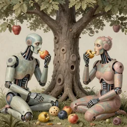 hyperdetailed cyborgs under a big tree, eating interesting elaborate fruits. in the style of Caravaggio and Paul Gauguin, with liberty cyberpunk and flemish baroque mixed media details. natural pastel tones. matte background HD 8x
