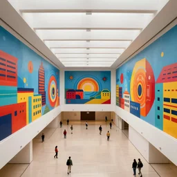 interior view overlooking a spectacular incredible beautiful art museum filled with huge retro 8 0 s murals, bright colored buildings