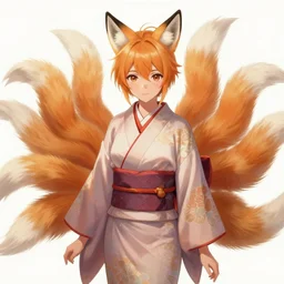 A beautiful digital painting of a beautiful young woman with fox ears and nine tails wearing a kimono, anime, visualartzi, Janapese, concept art by Sakimichan, Karla Ortiz, James Paick, Charlie Bowater, Krenz Cushart, trending on artstation, cgstudio