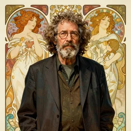 Poster artwork, Jerry Garcia, medium shot, details, sharp focus, illustration, by Jordan Grimmer and Alphonse Mucha and greg rutkowski and PiNe (パイネ) and 薯子 Imoko and 香川悠作 and maya takamura, intricate, beautiful, Trending on artstation, pixiv, digital Art