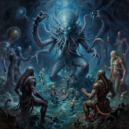 hyperealistic painting of cthulhu is fighting many gods in a ocean that is in space, and cthulhu is wreaking havoc and causing the structure of the ocean to collapse