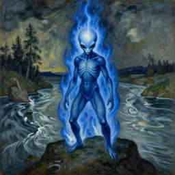 alien creature of the blue flame near the turbulent river. painting by mikalojus konstantinas ciurlionis, bosch, max ernst, agnes pelton, rene magritte